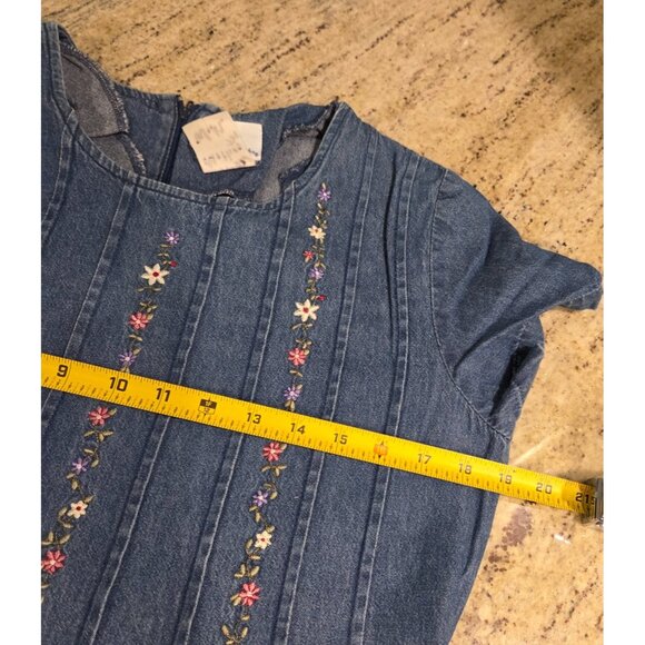 Vtg. Bobbie Brooks Dress Cottage Maxi Sz M Embroidered Floral Denim Modest Tie - Picture 3 of 16